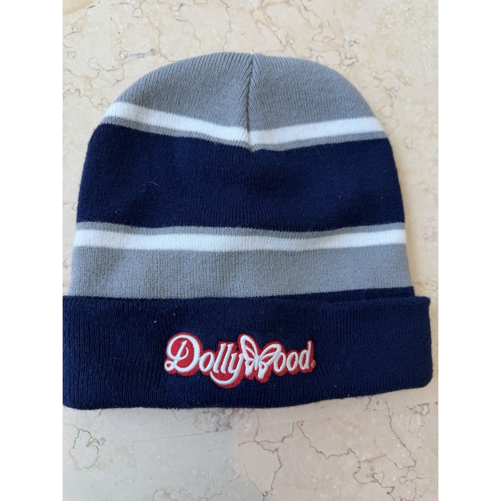 Dollywood Navy Gray Striped Logo Beanie Hat One Size Stretch Butterfly Theme
